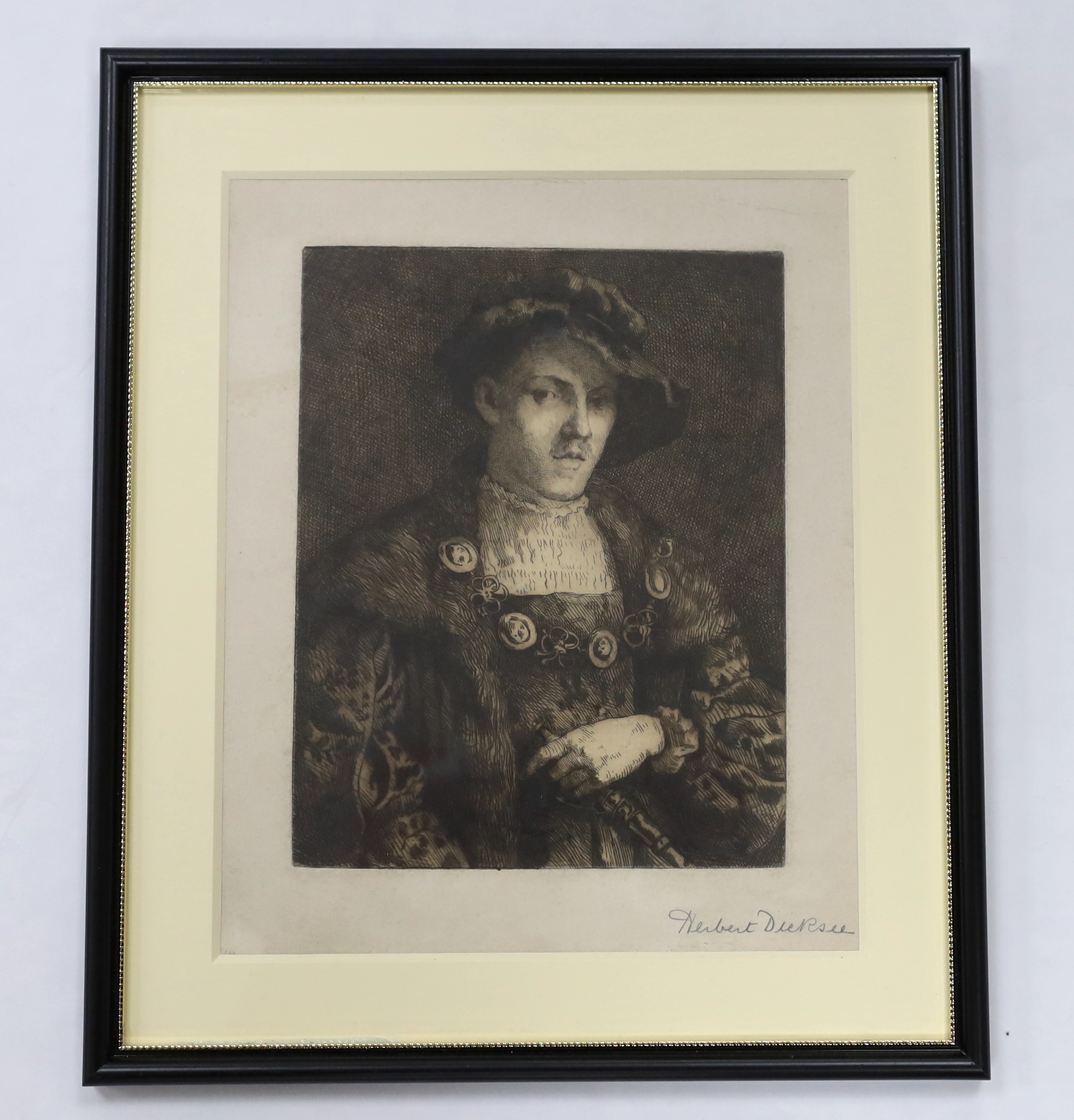 Herbert Dicksee (1862-1942), etching, The Young Noble (early self portrait of Herbert Dicksee in fancy dress in 1884), signed in pencil, 25 x 21cm